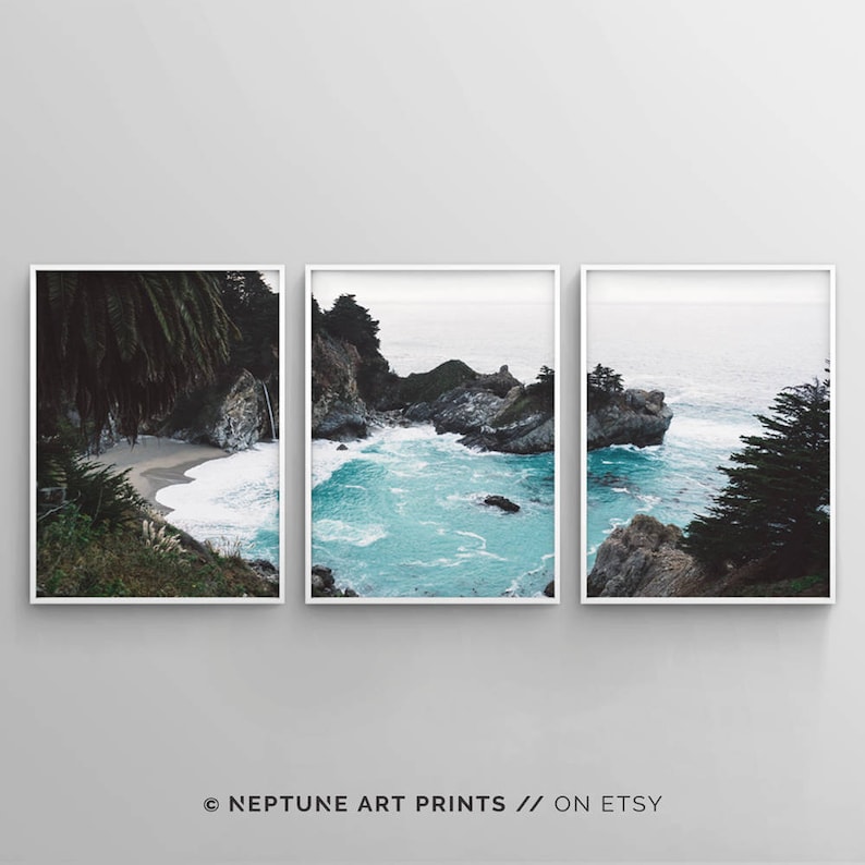 May include: A three-part panoramic photograph of a rocky coastline with turquoise water crashing against the shore. The image is divided into three sections, each showing a different perspective of the coastline. The first section shows a beach with green foliage and a rocky cliff. The second section shows the turquoise water crashing against the rocks. The third section shows a rocky cliff with green foliage.