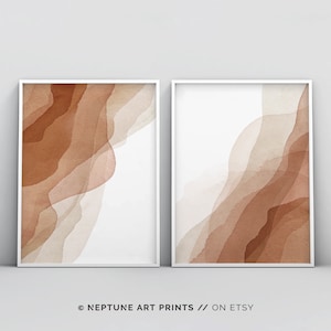 2 Piece Abstract Terracotta Beige Modern Wall Art Poster Print Set, Neutral Tones Modern Abstract Printable Art, Soundwaves Wall Art Prints