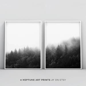 Arte forestale, 2 pezzi foresta stampabile, foresta in bianco e nero, paesaggio minimalista, alberi, nebbia, Top Selling, Nature Photography Prints Set