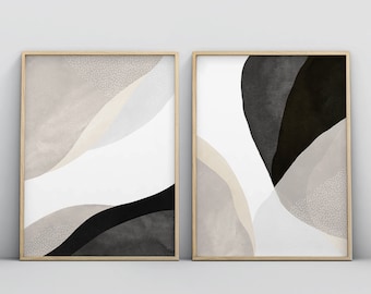 2 Piece Art Prints, Abstract Poster Set, Bedroom Wall Art, Black Beige Wall Art, Dining Room Art, Black and White Minimalist Contemporary