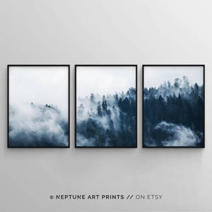 3 Piece Indigo Woodland Forest Printable Wall Art, Set of 3 Forest Minimalist Poster Print, Misty Forest, Modern Indigo Navy Blue Wall Art image 6