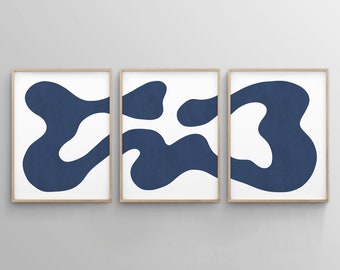 Blue Wall Art Printables, Set of 3 Piece Wall Art Prints, Minimalistic Abstract Contemporary Modern Shapes Art, Navy Indigo Blue Artwork