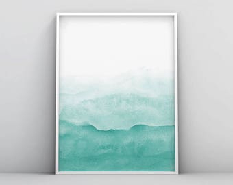 Teal Wall Art Print, Abstract Painting, Modern Minimalist Poster, Emerald Green, Watercolour, Large Printable Digital Download, Green Decor