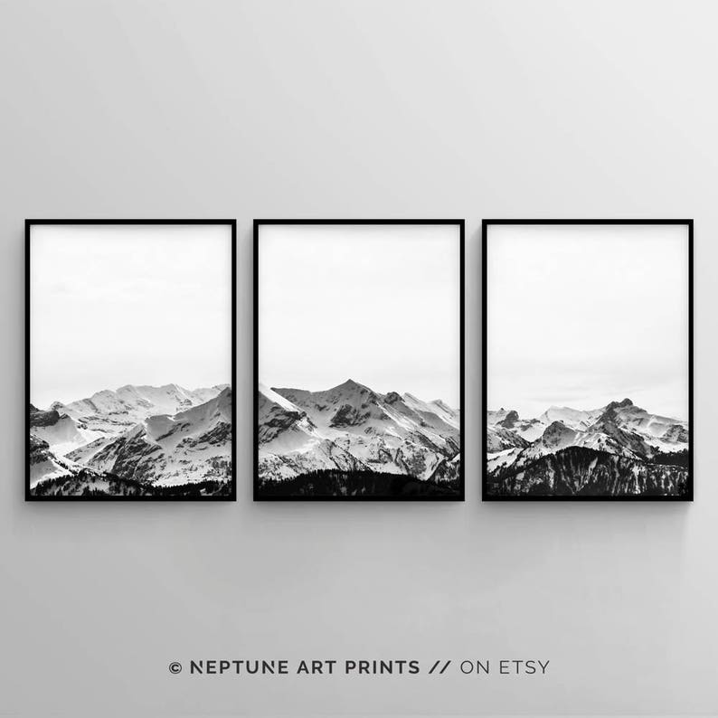 Mountain Art Print, Black White Wall Art, Set of 3 Prints, Mountain Poster, 3 Piece Wall Art, Landscape Prints, Snow Mountain Art, Nature image 6