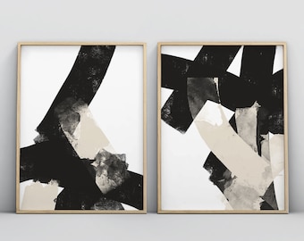 Abstract Wall Art, Modern Wall Art, Wall Art Print Set, Scandinavian Art, Nordic Wall Art, Set of 2 Wall Art, Large Black White Beige Art