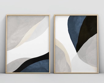 Navy Blue Wall Art, 2 Piece Art Prints, Abstract Wall Art, Bedroom Print Set, Dining Room Art, Dark Blue, Minimalistic Art, Contemporary