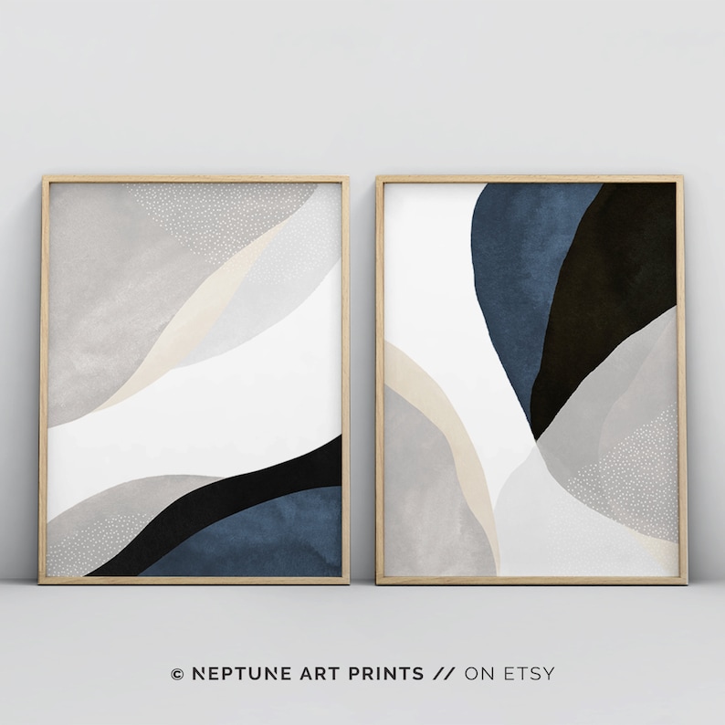Navy Blue Wall Art 2 Piece Art Prints Abstract Wall Art Etsy
