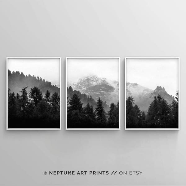 3 Piece Forest Wall Art, Set of 3 Black and White Woodland Forest Printable, Nature Printable, Modern, Minimalist, Rustic, Best Selling Art