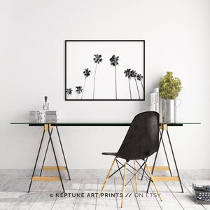 May include: Black and white photograph of palm trees against a white sky. The photo is framed in a black frame and is hanging on a white wall above a glass desk with a black chair.