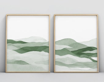 2 Piece Sage Green Abstract Wall Art, Forest Green Art Painting, Wall Art Prints, Instant Digital Download, Minimalist Poster Printable Art