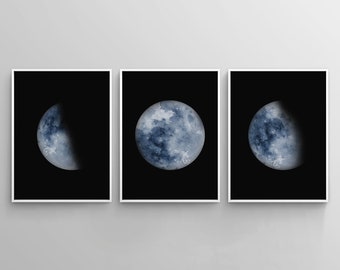 Set of 3 Blue Indigo Watercolor Moon Phase Print Prints Celestial Bedroom Wall Decor Wall Art Luna Lunar Phases Home Decor Moon Printable