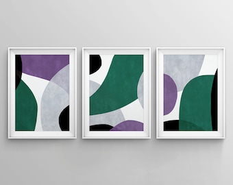 Set of 3 80's Retro Prints, Printable Print Set, Green Purple Prints, Emerald Gem Wall Art, Abstract Art, Bedroom Print Set, 90s Shapes Art