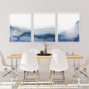 Set of 3 Blue Gray Wall Art, Printable Abstract Art, Blue Grey Watercolor Print, Blue Watercolor ...
