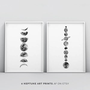 Moon Phases Solar System Minimalistic Black and White Wall Art Poster Print, Phases of the Moon, La Luna, Celestial Space Planets Wall Art image 1