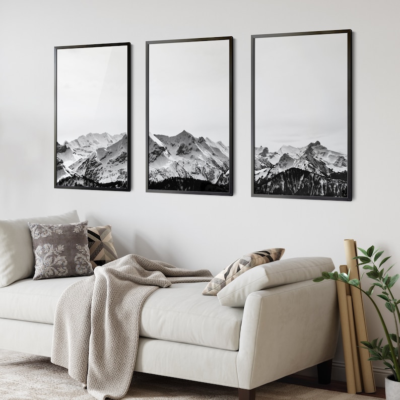 Mountain Art Print, Black White Wall Art, Set of 3 Prints, Mountain Poster, 3 Piece Wall Art, Landscape Prints, Snow Mountain Art, Nature image 2