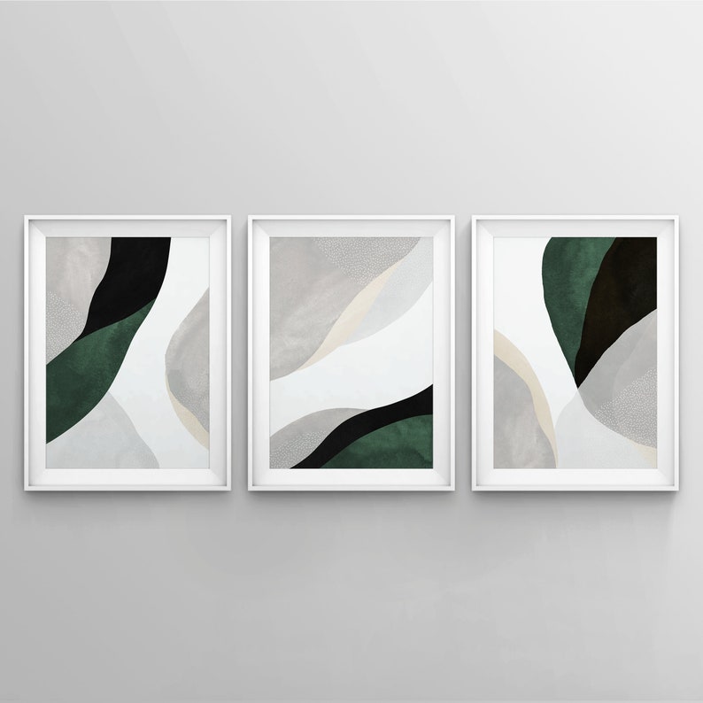 Puede incluir: Tres impresiones de arte abstracto enmarcadas con un fondo blanco y formas abstractas verdes y negras.