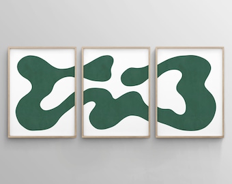 Green Wall Art Printables, Set of 3 Piece Wall Art Prints, Minimalistic Abstract Contemporary Modern Shapes Art, Sage Forest Emerald Green