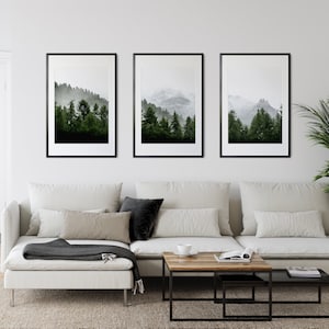 3 Piece Forest Wall Art Print, Set of 3 Forest Landscape Art, Green Forest Printable, Nature Printable, Modern Art, Minimalist, Misty, Decor image 4