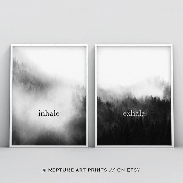 Inhale and Exhale Set of 2 Black and White Photography Wall Art Poster Print, Fog Forest Landscape, Nature Large Home Decor, 24x36, 18x24