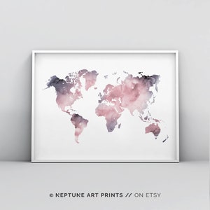 Rosa erröten Weltkarte druckbare, rosa Karte Druck Poster, abstrakte Weltkarte Wandkunst, rosa und lila Aquarell minimalistischen Druck digitale Kunst