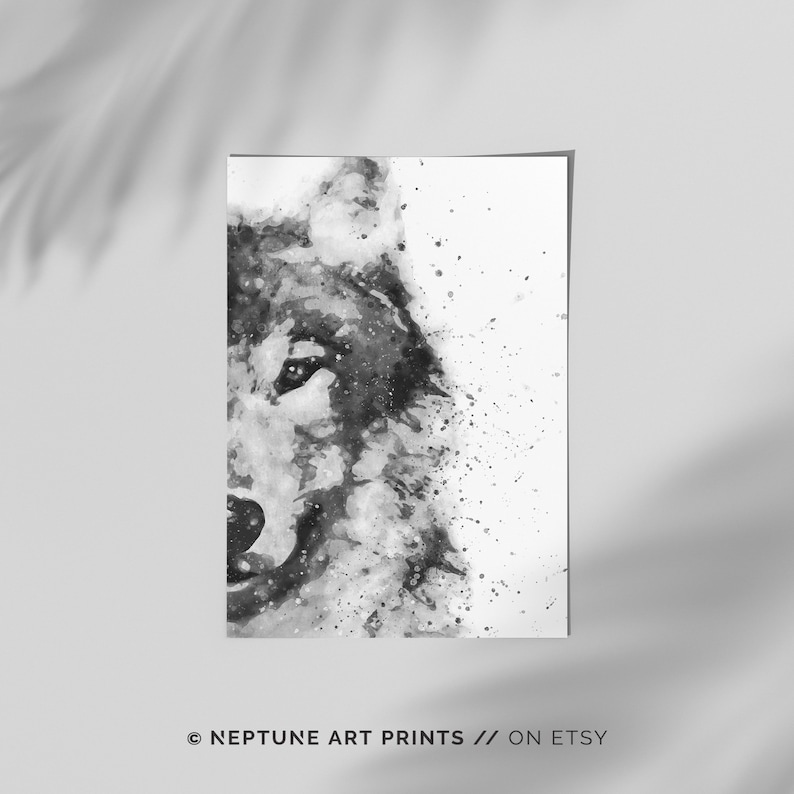 Wolf Watercolor, Wolf Painting, Wolf Poster, Black and White Watercolour, Digital Download, Woodland Decor, Forest Animal Modern Printable image 6