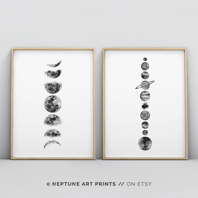 Moon Phases Solar System Minimalistic Black and White Wall Art Poster Print, Phases of the Moon, La Luna, Celestial Space Planets Wall Art image 3