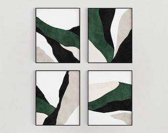 Dark Green Wall Art, Bedroom Wall Art, Living room Art, Emerald Jewel Green Set of 4 Piece Prints, Modern Abstract Minimalist Wall Artwork