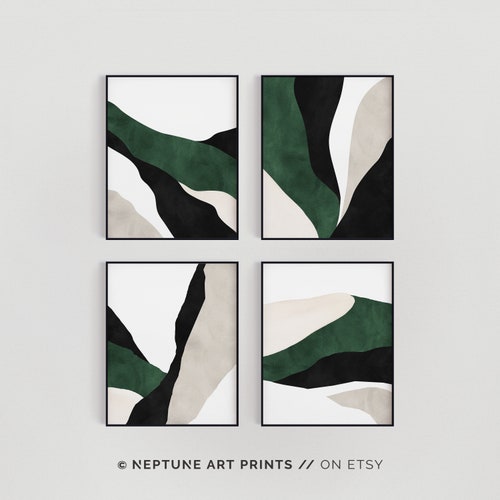 Set of 3 Midnight Green Wall Art Dark Green Abstract Art Etsy