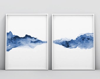 Set of 2 Abstract Print, 2 Piece Poster, Navy Blue, Indigo Printable, Digital Print, Modern Blue Poster, Minimalist, Painting, Wall Art