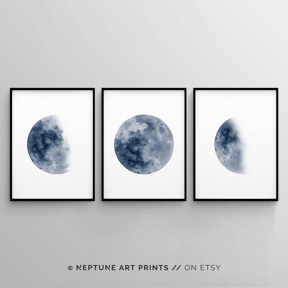 Moon Phase Print Set of 3 Watercolor Prints Celestial Bedroom Wall ...
