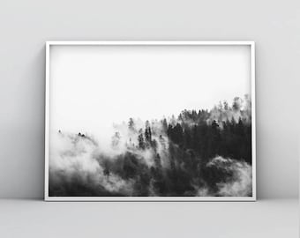 Scandinavian Print, Forest Print, Tree Art, Black And White Wall Art, Wilderness, Woodland, Foggy Forest, Minimalism, Modern Home Decor Art