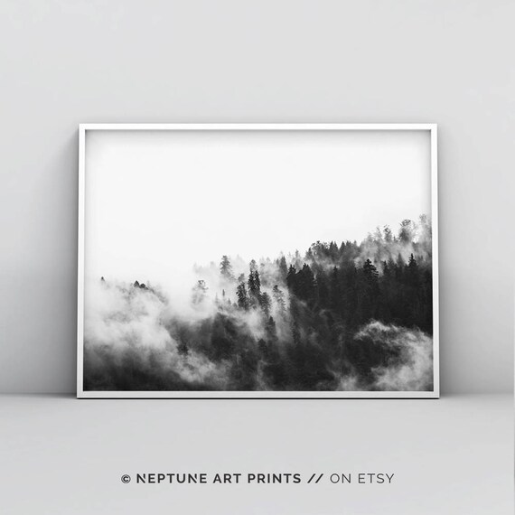 Scandinavian Print, Forest Print, Tree Art, Black And White Wall Art, Wilderness, Woodland, Foggy Forest, Minimalism, Modern Home Decor Art