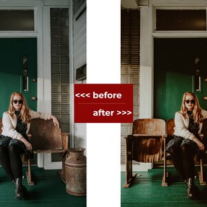 May include: A woman wearing sunglasses and a cream jacket sits on a wooden bench on a porch with a green door. The porch has a green floor and a rusty milk can.