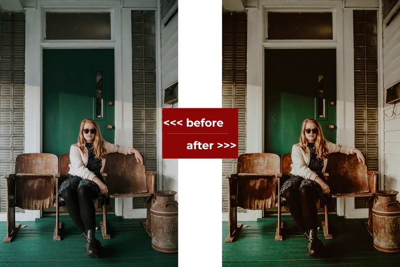 May include: A woman wearing sunglasses and a cream jacket sits on a wooden bench on a porch with a green door. The porch has a green floor and a rusty milk can.
