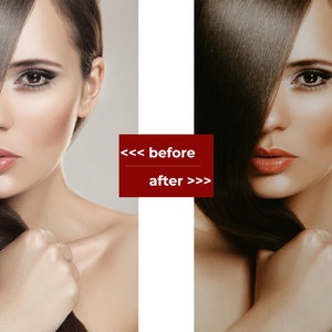 May include: A before and after image of a woman with long dark hair. The image on the left shows the woman's natural skin tone, while the image on the right shows her skin tone after a beauty treatment. The text "<<< before after >>>" is displayed in the center of the image.
