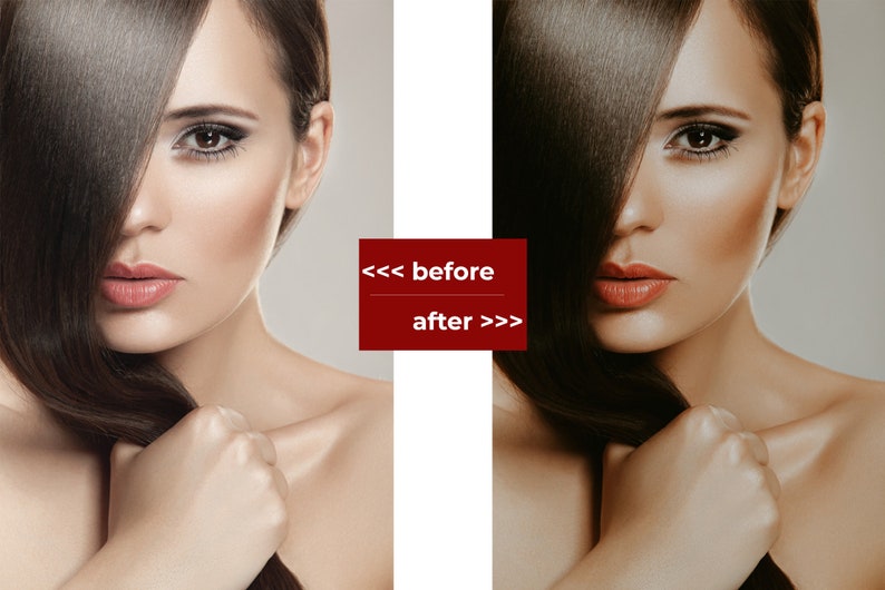 May include: A before and after image of a woman with long dark hair. The image on the left shows the woman's natural skin tone, while the image on the right shows her skin tone after a beauty treatment. The text "<<< before after >>>" is displayed in the center of the image.
