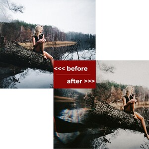May include: A woman sits on a fallen tree trunk over a still body of water. The woman is wearing a black dress and has long blonde hair. The background is a forest with trees and a cloudy sky.