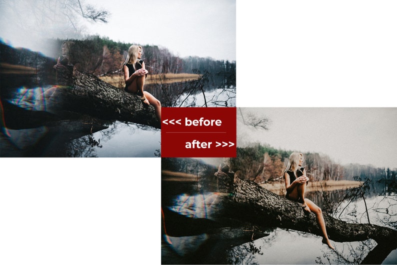 May include: A woman sits on a fallen tree trunk over a still body of water. The woman is wearing a black dress and has long blonde hair. The background is a forest with trees and a cloudy sky.