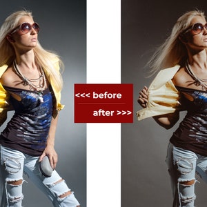 May include: A woman wearing a yellow jacket, a black and blue sequined top, blue jeans with rips, and sunglasses. She is standing in front of a gray background.