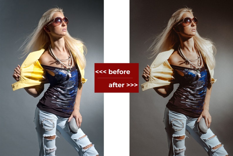 May include: A woman wearing a yellow jacket, a black and blue sequined top, blue jeans with rips, and sunglasses. She is standing in front of a gray background.