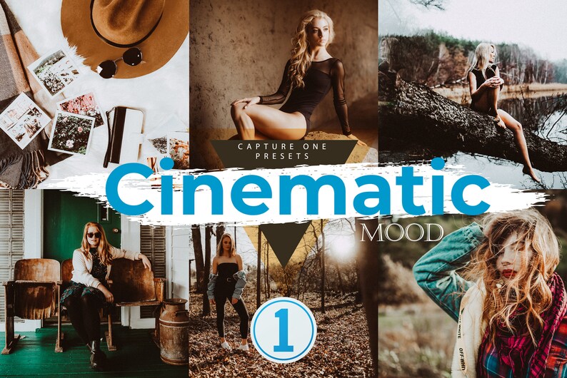 May include: A collection of Capture One presets called "Cinematic Mood 1". The presets are designed to give photos a cinematic look and feel. The image shows a variety of photos that have been edited with the presets, including photos of people, landscapes, and still life.