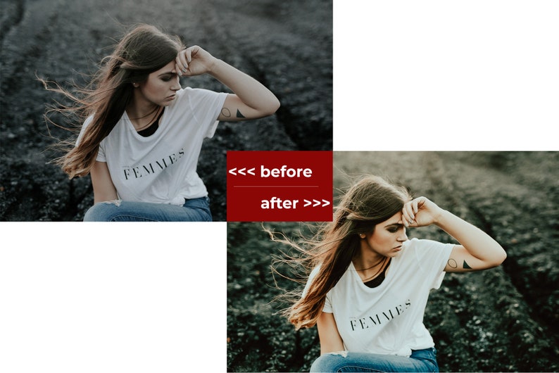 May include: A woman wearing a white t-shirt with the word "FEMMES" printed on it, blue jeans, and a triangle tattoo on her arm. She is sitting on a rocky surface with her hand on her forehead, looking down.