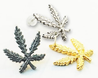 Large Marijuana Leaf Studs - White Rhodium, Black Rhodium and Yellow Gold Plated Sterling Silver - Handmade MJ Pot Leaf Earring Jewelry