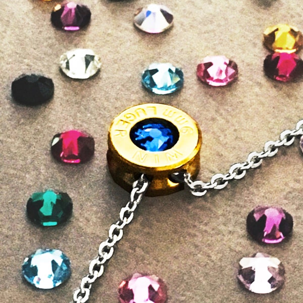 9mm Bullet Cartridge Sliding Necklace, Swarovski Crystal Color Options (Birthstone Themed) - Gold Plated 9mm Ammo Shell Pendant Jewelry