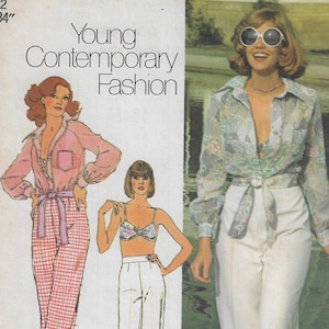 May include: A sewing pattern for two pairs of trousers. The pattern is for sizes 12 and 34 inches bust. The pattern is for a young contemporary fashion style. The pattern is from Simplicity and is number 6406.