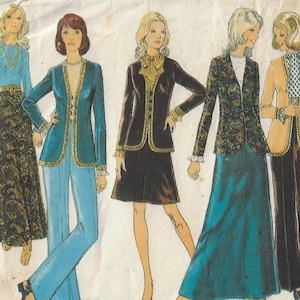 May include: Vintage sewing pattern for a women's jacket and skirt. The pattern is for size 14, bust 36. The pattern is from the 1970s and features a retro style.