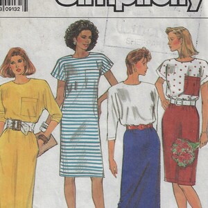 May include: Simplicity pattern 9197, a sewing pattern with four women's outfit designs. The image shows a yellow dress, a striped dress, a white top with a blue skirt, and a polka dot top with a red skirt. The text "easy essentials" is visible.