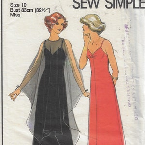 May include: Sewing pattern for two evening gowns. One gown is black with a sheer overlay and the other is red. The pattern is for size 10, bust 83 cm. The pattern is called "Style Sew Simple".