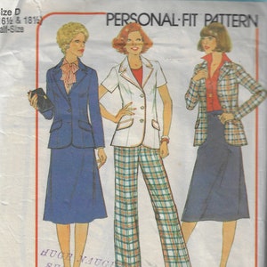 May include: Simplicity sewing pattern number 8251.0, size D (16 1/2 and 18 1/2) half-size, for a personal-fit pattern. The pattern includes three women wearing different outfits: a blue blazer and skirt, a white blazer and plaid trousers, and a plaid blazer and skirt. The pattern is titled "Look Slimmer" and includes instructions for making the outfits in sizes C (14 1/2 and 16 1/2), D (16 1/2 and 18 1/2), E (18 1/2 and 20 1/2), F (20 1/2 and 22 1/2), and G (22 1/2 and 24 1/2).