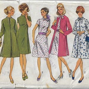 May include: A vintage sewing pattern for a dress with four different styles. The pattern is for size 20 with a bust measurement of 42 inches. The pattern is from Simplicity and the pattern number is 9157.